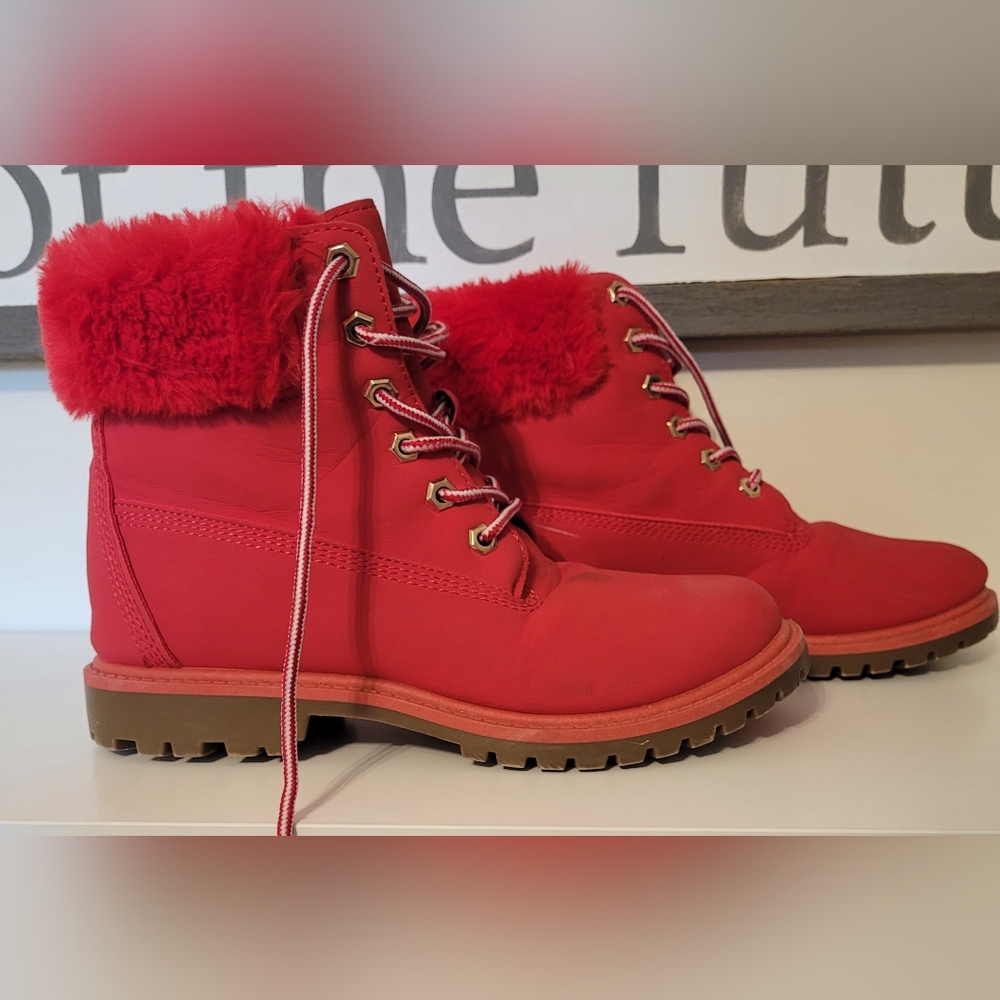 Red Faux Fur Leather Boots